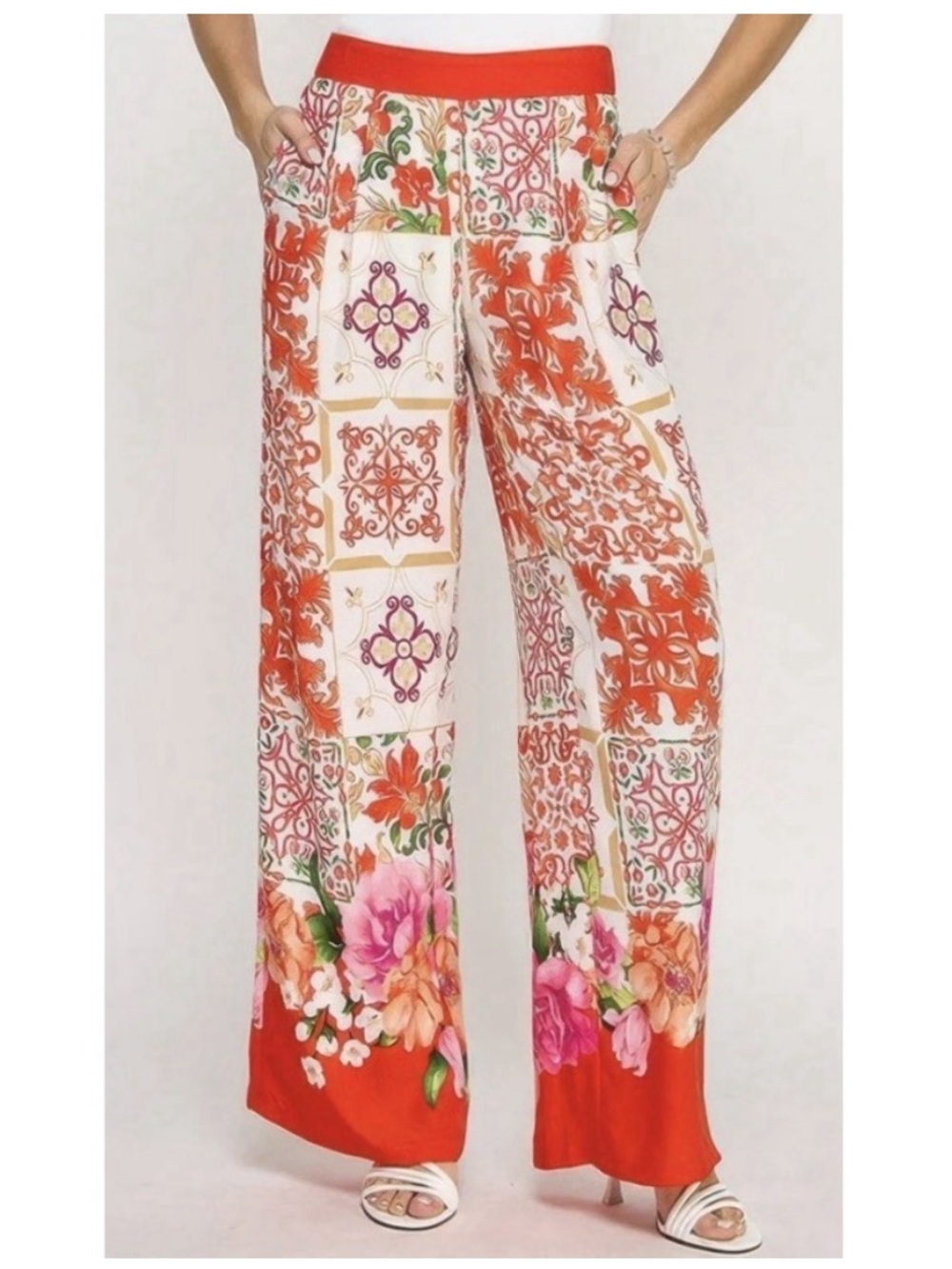 Lulimari Tile Orange Printed Wide Leg Pants Medium